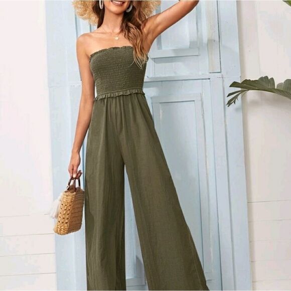 Frill Trim Shirred Bodice Tube Jumpsuit - Picture 3 of 7